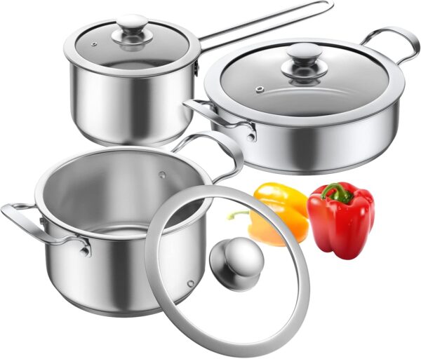 Juego de ollas y sartenes de acero inoxidable, 6 piezas antiadherentes de cocina