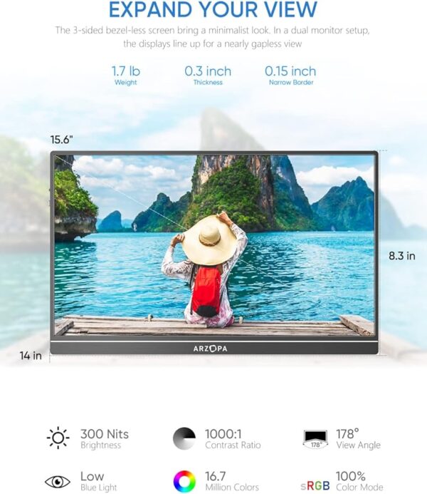 ARZOPA Monitor portátil, 15.6 pulgadas 1080P FHD monitor portátil USB C HDMI pantalla de computadora HDR - Image 2