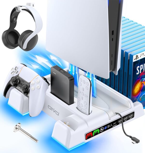 PS5 Slim Stand and Cooling Station with LED Controller Charging Station for PlayStation 5