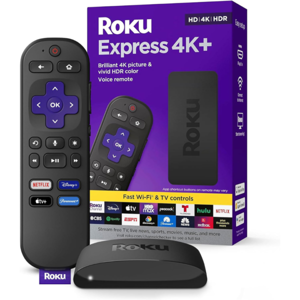 Roku Express 4K+ | Dispositivo de transmisión Roku 4K/HDR, control remoto por voz Roku y TV en vivo